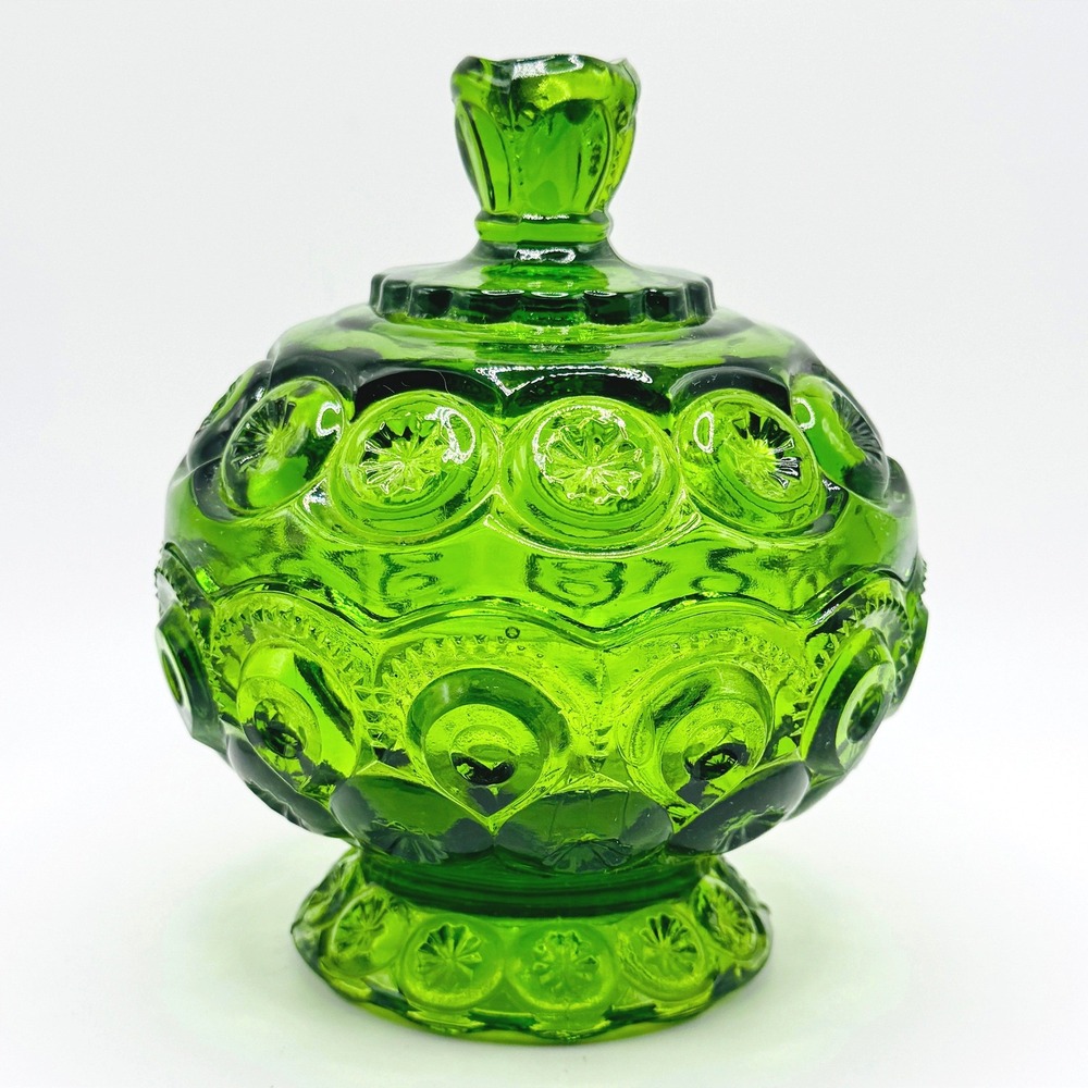 Vintage LE Smith Moon & Stars Green Glass Lidded Footed Candy Dish Compote